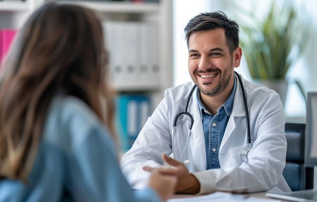 Joven doctor conversando con una paciente